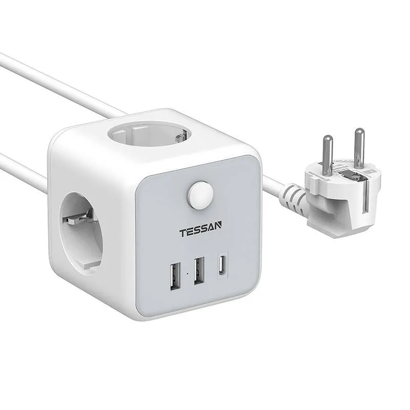 Casa si Gospodarie - Prelungitor tip cub Tessan TS-301-C, 3 prize, 2 X USB A, 1 X USB-C, cablu 1.5m