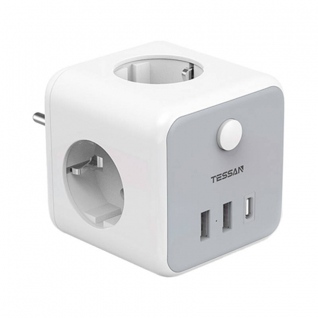 Casa si Gospodarie - Prelungitor tip cub Tessan TS-301-DE-C, 3 prize, 2 X USB A, 1 X USB-C