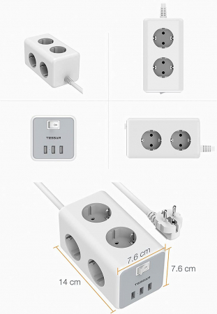 Prelungitor tip cub Tessan TS-306, 6 prize, 3 USB 3A, cablu 2m [7]