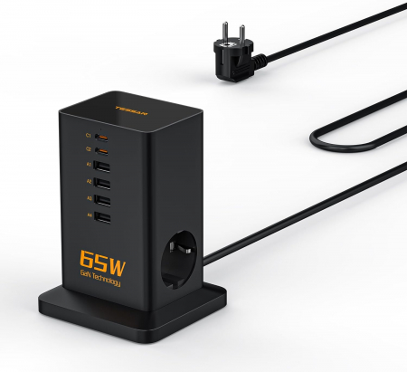 Prelungitoare - Prelungitor tip Turn Tessan , ZTS-FS02DE00, 2X USB-C, 4x USB, 2 prize, incarcare rapida USB-C 65W, 2m, negru
