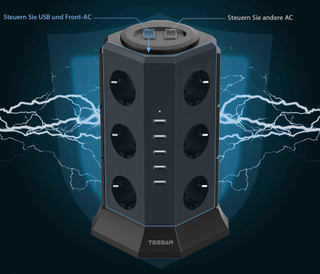 Prelungitor tip Turn Tessan TP-VA5U12E, 12 prize, 5 USB 4.5A, cablu 2m, protectie la suprasarcina [3]