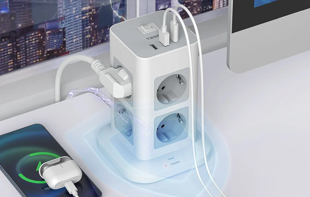 Prelungitor tip Turn Tessan TPS03-DE-C, 8 prize, 3 USB, 1 USB-C, 3A, cablu 2m [4]