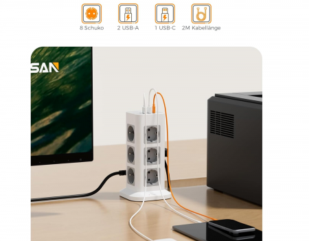 Prelungitor tip Turn Tessan TPS04-DE, 12 prize, 3 USB, 1 USB-C, 3A, cablu 2m [1]