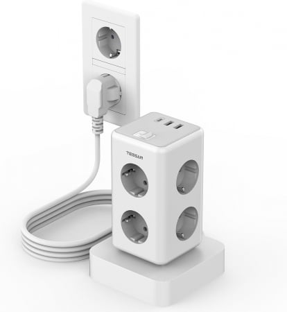 Prize - Prelungitoare - Sigurante - Prelungitor tip Turn Tessan TS-306TS-C, 6 prize, 2 USB, 1 USB-C, 3A, cablu 2m