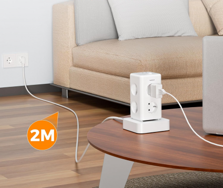 Prelungitor tip Turn Tessan TS-306TS-C, 6 prize, 2 USB, 1 USB-C, 3A, cablu 2m [5]