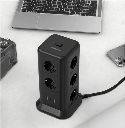 Prelungitor tip Turn Tessan TPS01, 11 prize, 3 USB 3.1A, cablu 2m, protectie la suprasarcina - Negru [1]