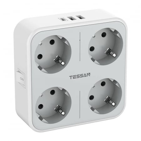 Prelungitoare - Adaptor priza Tessan TS-302-DE-C, 4 prize, 2 X USB-A, 1X USB-C, 10A
