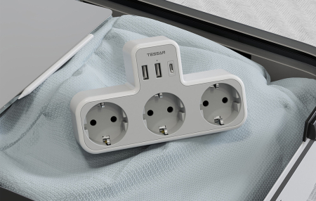 Priza Multipla Tessan TS-323-C, 3 Prize, 1 port USB-C, 2 Porturi USB, 240 V, Alb ,2500W 10A [5]
