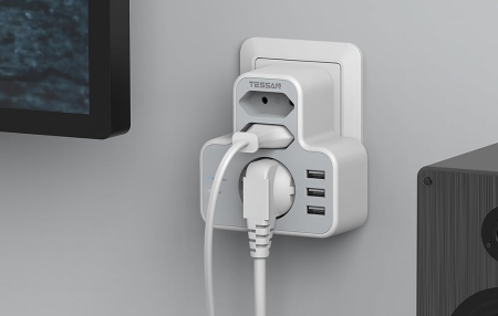 Priza Multipla Tessan TS-327, 3 Prize, 3 Porturi USB, 240 V, Alb ,3600W, 16A [1]