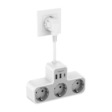 Produse Noi - Priza Multipla Tessan TS-323X-C, Cablu 15 cm, 3 Prize, 1 port USB-C, 2 Porturi USB, 240 V, Alb ,2500W 10A