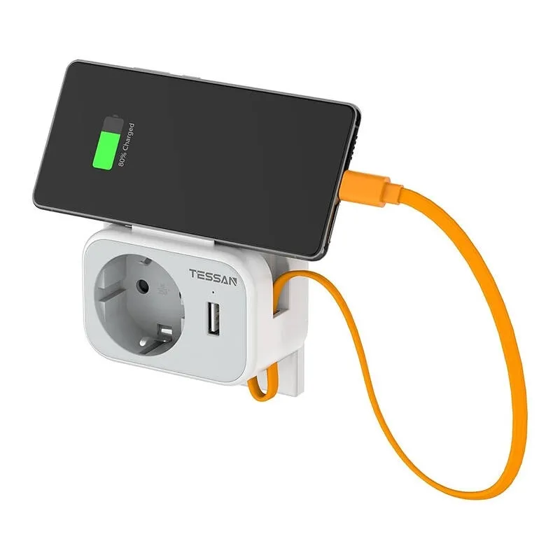 Prelungitoare - Adaptor Priza Tessan TS-332, 1 Priza, 1 port USB-C, 1 Port USB, 10A