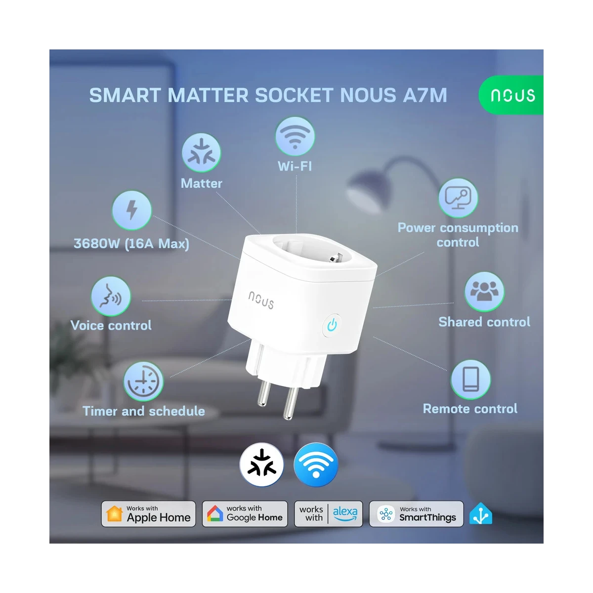 Priza SMART NOUS A7M Matter, Wi-Fi, 16A, 3680W, monitorizare consum energie, compatibila Apple Home, Alexa, Google Assistant, SmartThings [1]