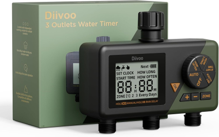 Accesorii pentru stropit - Programator automat pentru irigare Diivoo WT10M-GN, 3 zone, IP54, functie Rain Delay