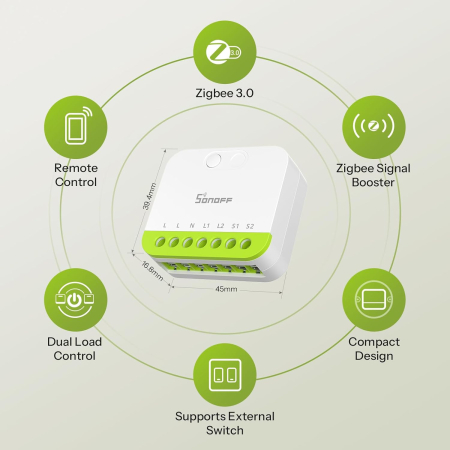 Releu Smart Sonoff MINI-ZB2GS, ZigBee, 2 canale, 16A, Alb [2]