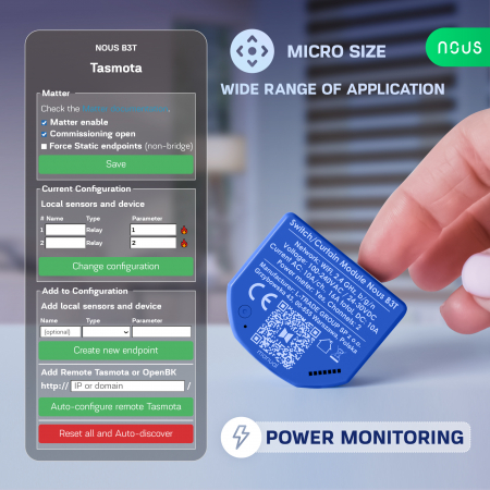 Releu wireless Nous B3T PM, 16A, Tasmota, Matter, Monitorizare energie,Modul Cortina - 2 canal, ESP32 [4]