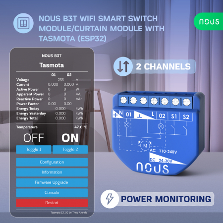 Releu wireless Nous B3T PM, 16A, Tasmota, Matter, Monitorizare energie,Modul Cortina - 2 canal, ESP32 [1]