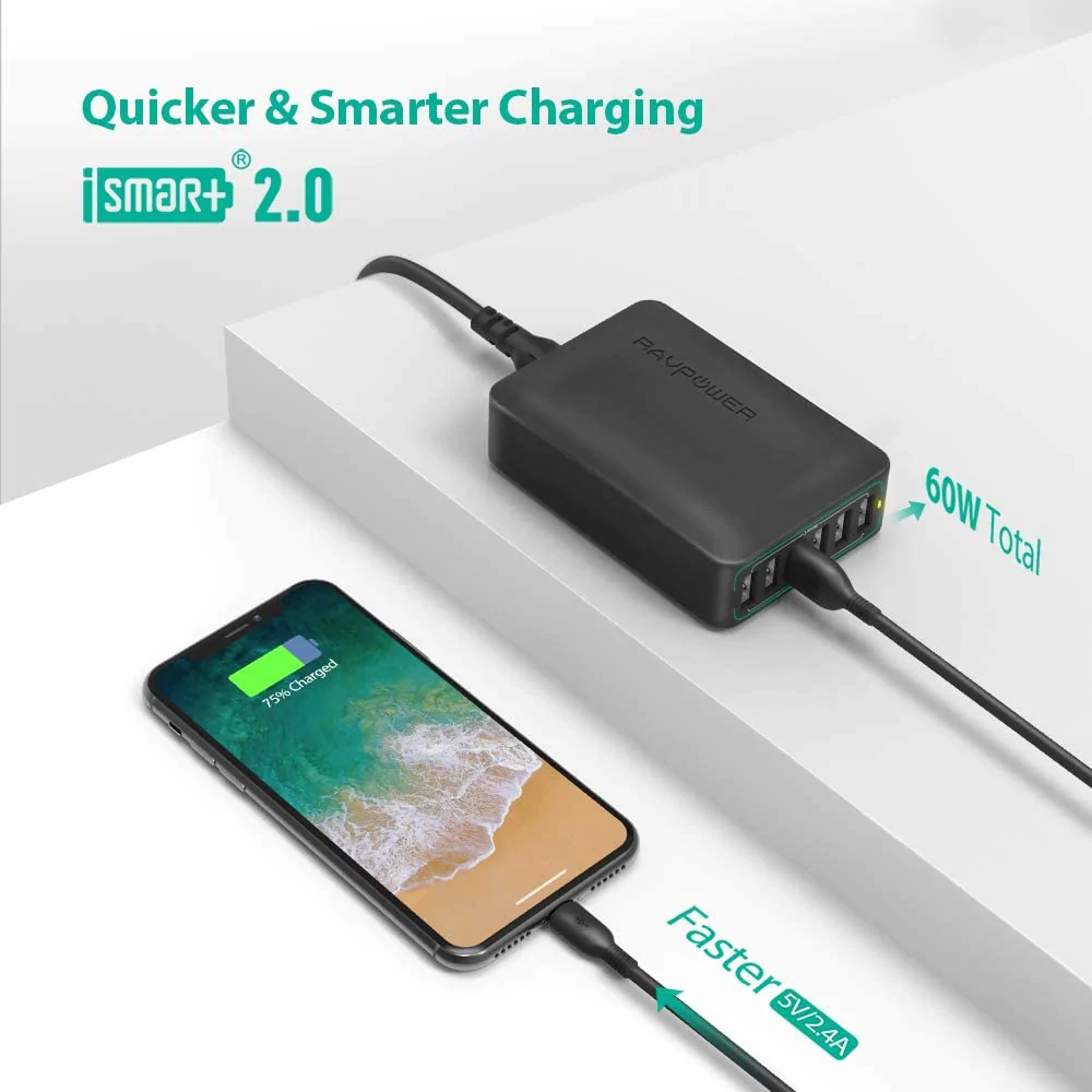 Statie de Incarcare USB cu 6 Porturi, , 2.4A / port, 12A max, Tehnologie iSmart, RavPower, RP-PC028 [2]