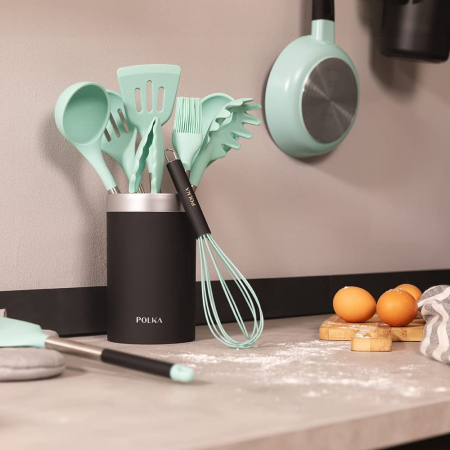 Set 9 ustensile Cecotec Polka Experience de bucatarie din silicon termorezistent , maner din Inox, albastru pastel [2]