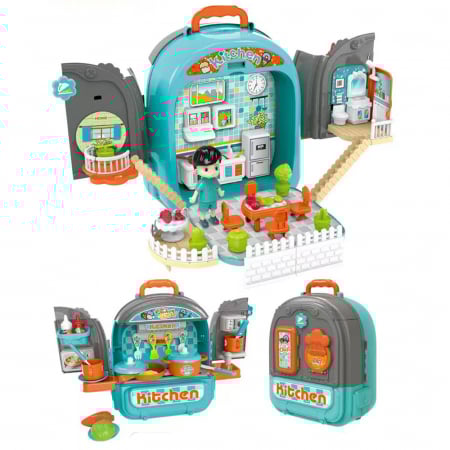 Jucarii Copii - Set ghiozdan jucarie 3 in 1 Rovo 996, Bucatarie, Apartament Baietel, 86 piese, Albastru