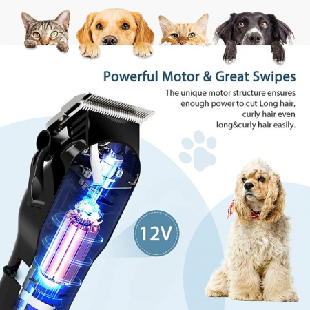 Set Masina Profesionala de Tuns Caini, Pisici sau Alte Animale, Omorc MEGD077, 12V, foarfece incluse, 8 capete, Albastru [5]