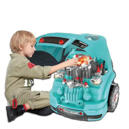 Set Reparatie Motor Auto Mecanic Rovo 977A, Sunete, Lumini, Telecomanda, Claxon, Schimbator viteze, 61 piese, 47cm [1]
