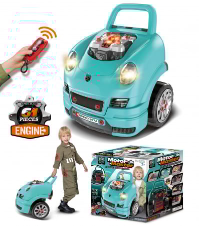 Jucarii Copii - Set Reparatie Motor Auto Mecanic Rovo 977A, Sunete, Lumini, Telecomanda, Claxon, Schimbator viteze, 61 piese, 47cm