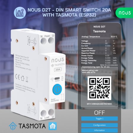 Siguranta inteligenta Nous D2T, 20A, Tasmota,  1 canal, Monitorizare energie, montare pe sina DIN, ESP32 [1]