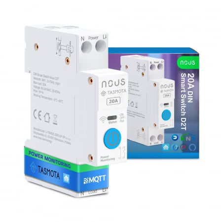 Prize - Prelungitoare - Sigurante - Siguranta inteligenta Nous D2T, 20A, Tasmota,  1 canal, Monitorizare energie, montare pe sina DIN, ESP32