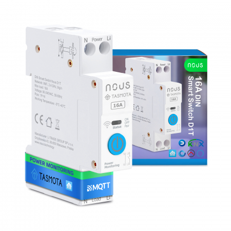 Prize - Prelungitoare - Sigurante - Siguranta inteligenta Nous D1T, 16A, Tasmota,  1 canal, Monitorizare energie, montare pe sina DIN, ESP32