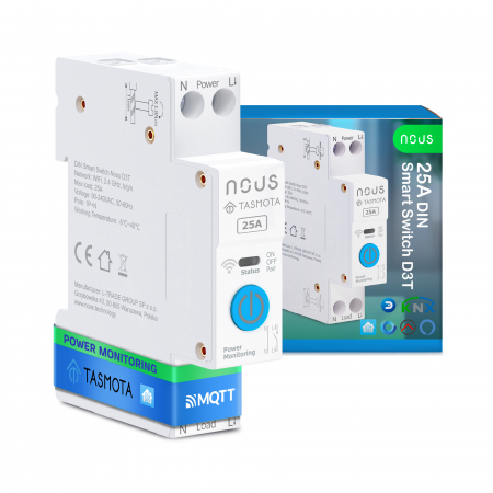 Prize - Prelungitoare - Sigurante - Siguranta inteligenta Nous D3T, 25A, Tasmota,  1 canal, Monitorizare energie, montare pe sina DIN, ESP32