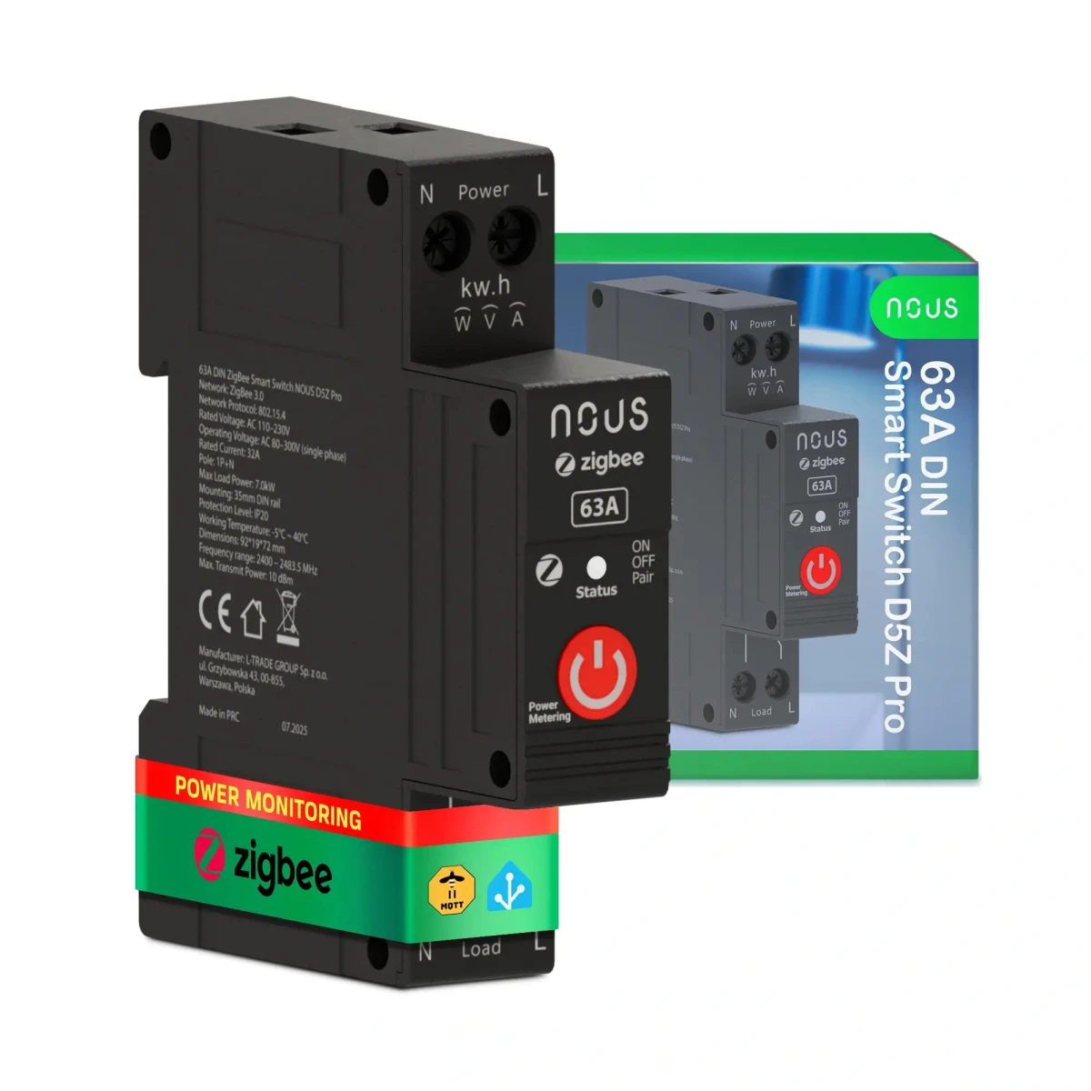 Senzori - Siguranta Smart NOUS D5Z Pro, 32A Continuu, 63A Varf Scurt, Zigbee 3.0, 1 canal, Masurare Energie (W, kWh, V, A), montare pe sina DIN, Power Metering