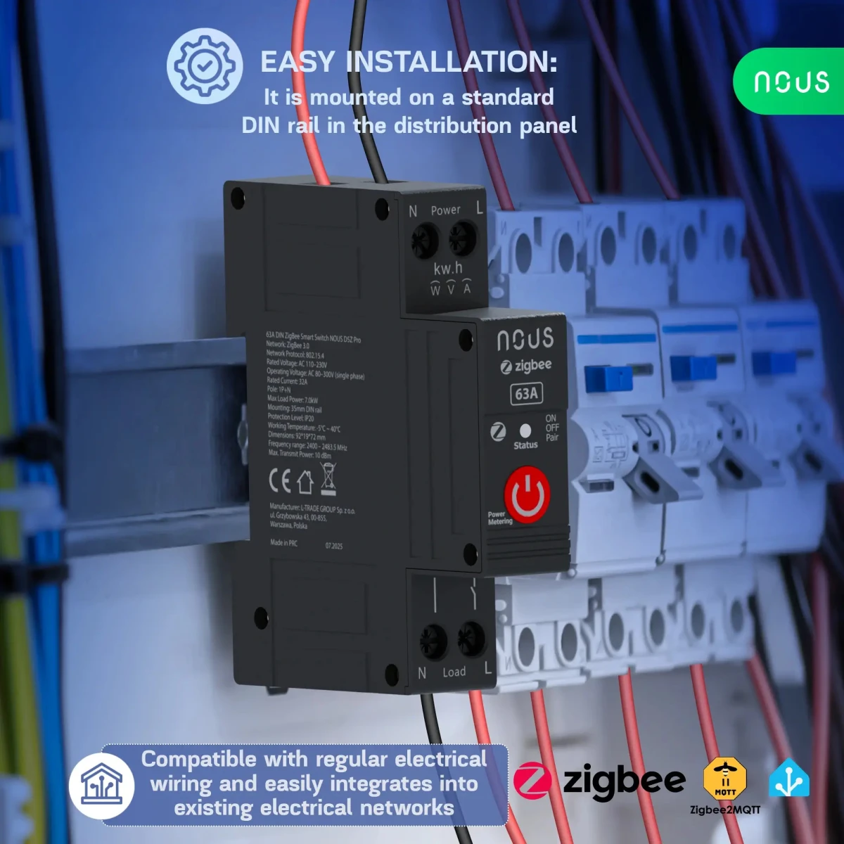 Siguranta Smart NOUS D5Z Pro, 32A Continuu, 63A Varf Scurt, Zigbee 3.0, 1 canal, Masurare Energie (W, kWh, V, A), montare pe sina DIN, Power Metering [5]