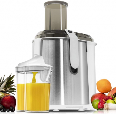 Storcator de fructe si legume Cecotec StrongTitanium 19000 XXL, 1300 W, 19000 RPM, 2 Viteze, Sistem anti-picurare, Recipient pulpa 2 l, Inox/Alb [0]