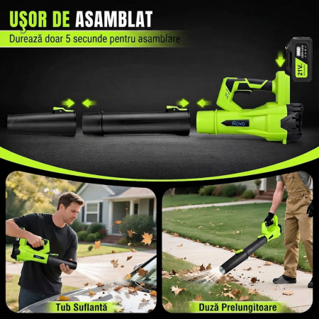 Suflanta pentru frunze cu acumulator Rovo BF811, 6 niveluri de viteza,  2 acumulatori, 21V, 4.0Ah, viteza 209 km/h, 650CFM [5]