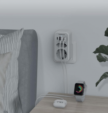 Priza Multipla Tessan TS-328, 2 Prize, 1 port USB-C, 3 Porturi USB, 240 V, Alb , 3600W [2]