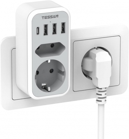 Casa si Gospodarie - Priza Multipla Tessan TS-328, 2 Prize, 1 port USB-C, 3 Porturi USB, 240 V, Alb , 3600W