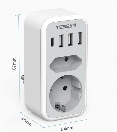 Priza Multipla Tessan TS-328, 2 Prize, 1 port USB-C, 3 Porturi USB, 240 V, Alb , 3600W [1]