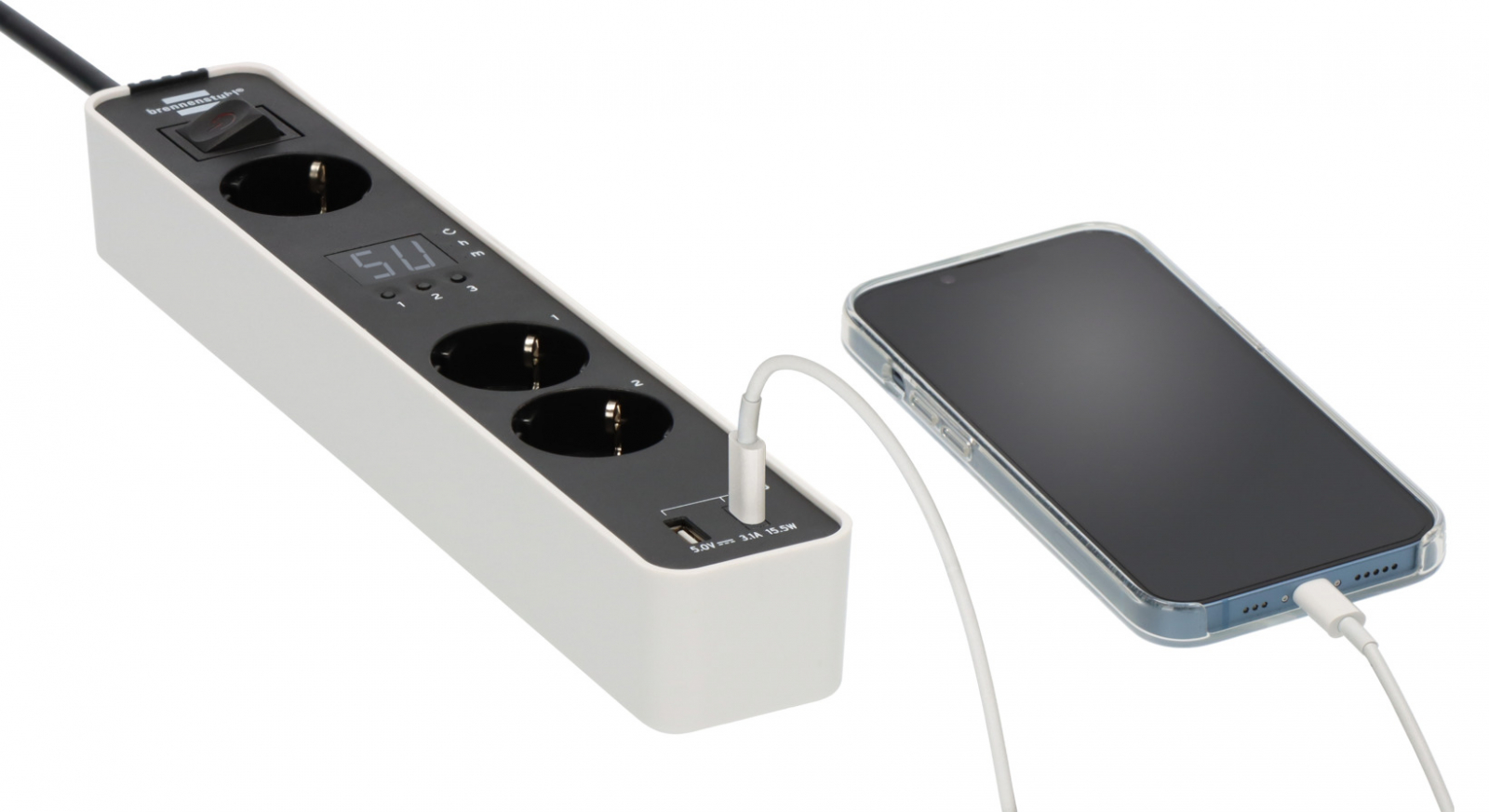 Prelungitor Brennenstuhl Ecolor 3 prize, countdown, 1x USB A, 1x USB-C, Buton On Off 1,5m H05VVF 3G1,5, alb negru [4]