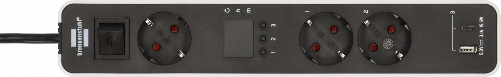 Prelungitor Brennenstuhl Ecolor 3 prize, countdown, 1x USB A, 1x USB-C, Buton On Off 1,5m H05VVF 3G1,5, alb negru [2]
