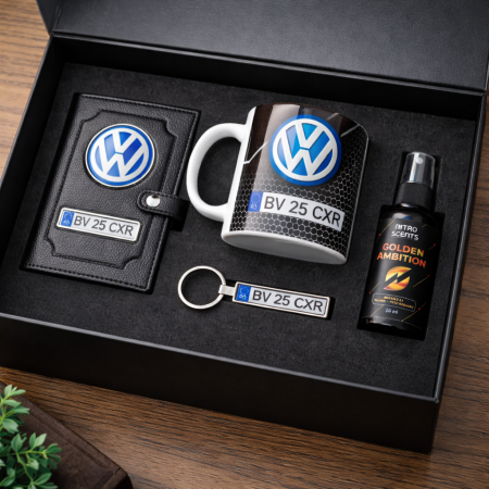 Port Document Personalizat - Set Premium Auto Personalizat – Cutie Cadou cu Port Document, Cana, Breloc si Parfum