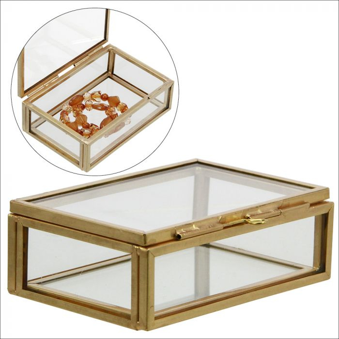 Cutie din sticla pentru bijuterii rama de alama aurie - 90 x 60 x 30 mm.-5703 [1]