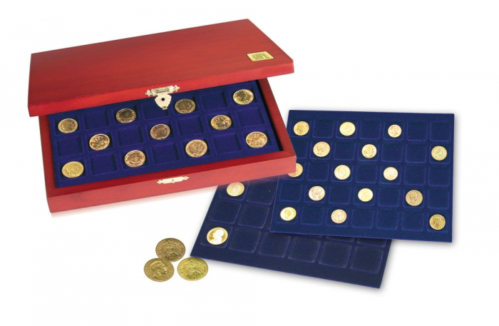 Cutie din lemn cu 3 tavi in catifea albastra pentru 60 monede in capsule-5897 [1]