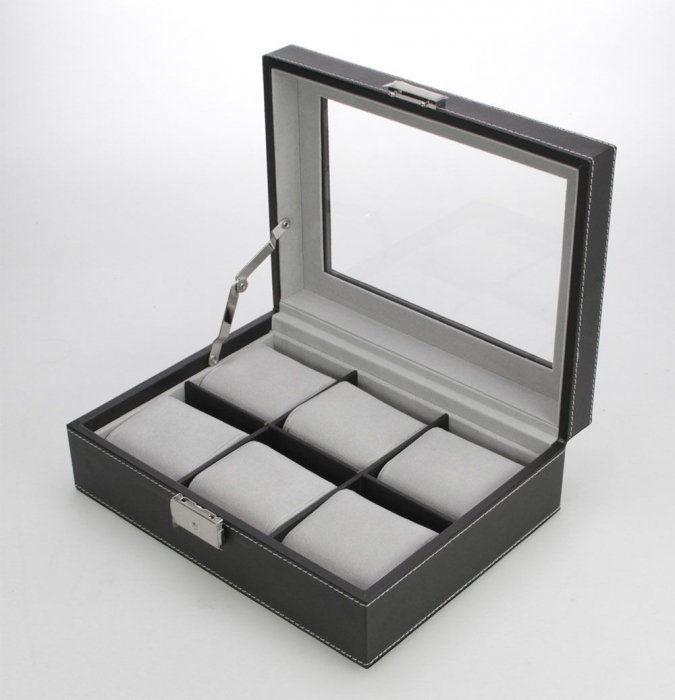 Cutie piele sintetica cu granulatie fina, pentru 6 ceasuri de mana, interior de catifea Gri - Exclusive-217-2 [2]