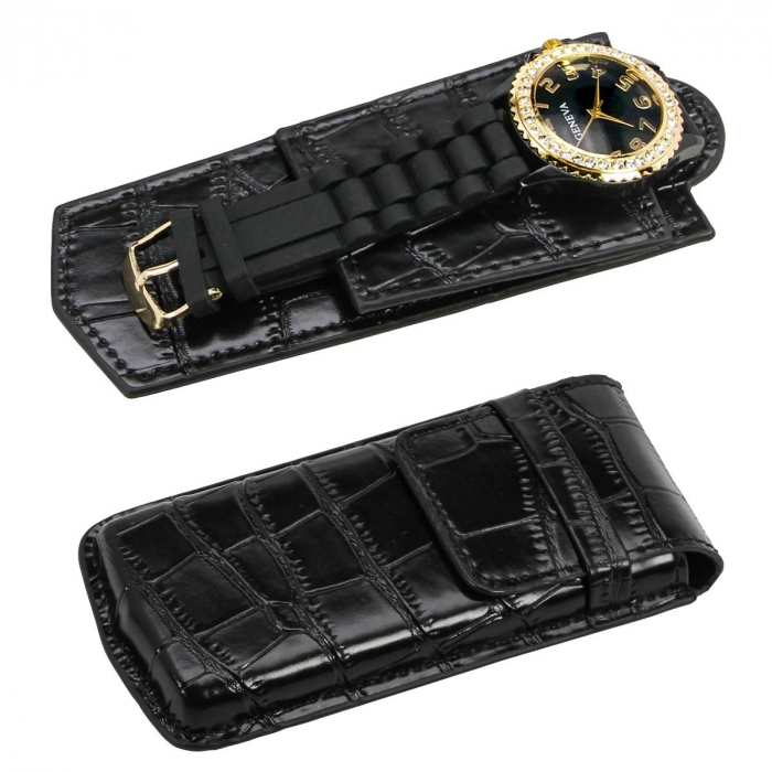 Etui pentru ceas de mana din piele naturala neagra si catifea neagra pe interior [4]