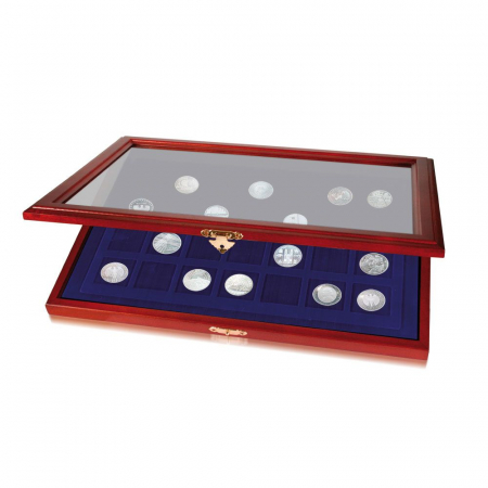 Coin Showcase with Square Spaces - Wooden showcase with blue velvet insert for 28 coins 40 mm-5904
