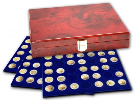 Cutie din lemn lucrata manual, acoperit cu lac de pian, cu 3 tavi in catifea pentru 105 monede de 27,5 mm - Premium-5790 [0]
