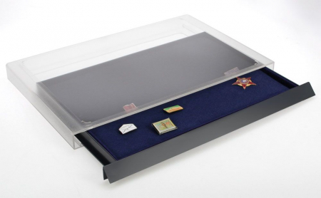 Nova Standard-BIG - Cutie monede, sertar in etui acrilic cu tava in catifea albastra pentru medalii militare, insigne de rever, pini, decoratiuni - Nova-Big-6460