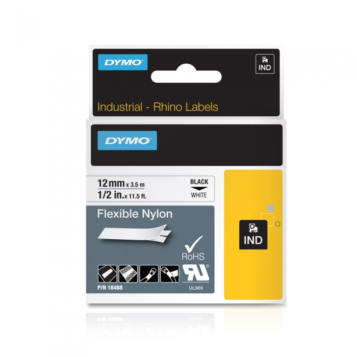 DYMO industrial ID1 flexible nylon labels, 12mm x 3.5m, black on white, 18488 S0718100-big