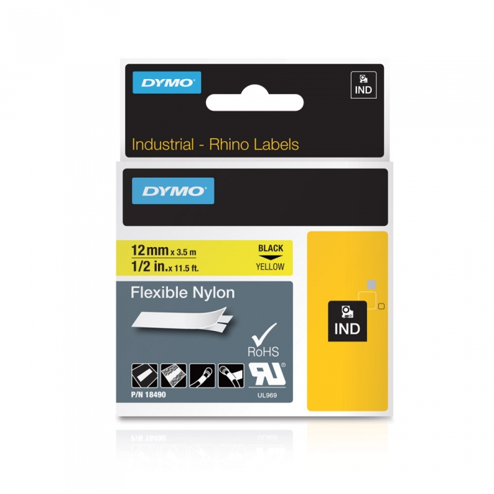 Etichete industriale autocolante, DYMO ID1, nailon flexibil, 12mm x 3.5m, negru/galben x 5 buc, 18490-big
