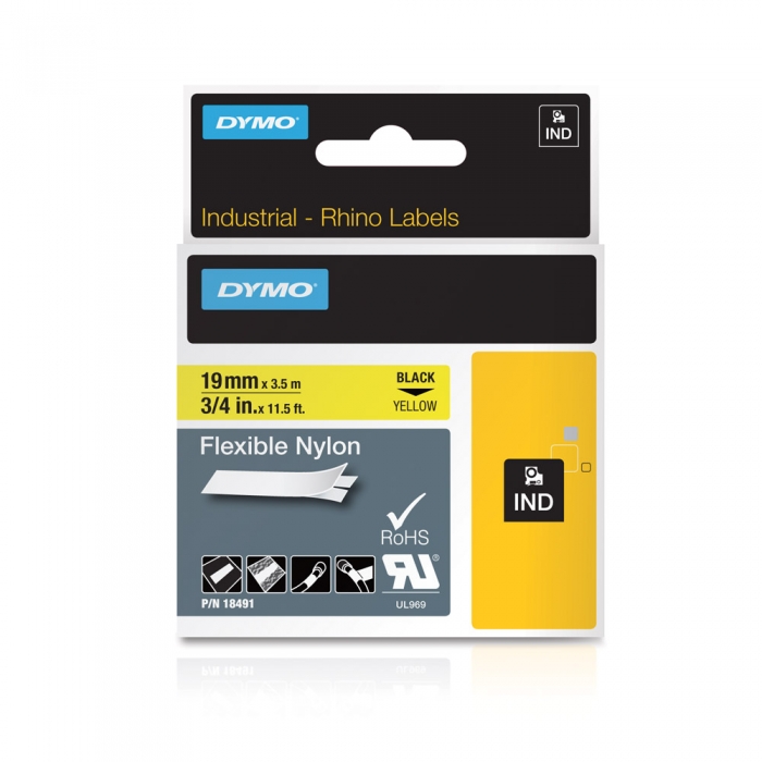DYMO industrial ID1 flexible nylon labels, 19mm x 3.5m, black on yellow, 18491-big
